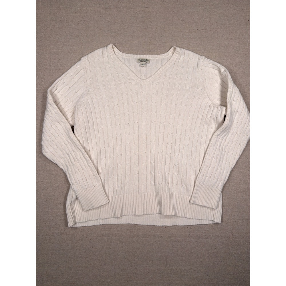 St. Johns Bay Classic Sweater Womens XL Ivory Off White V-Neck Cable Knit Cotton